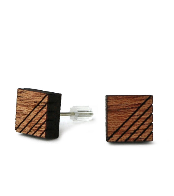 Wooden ear studs Square Oblique Lines - Image 2