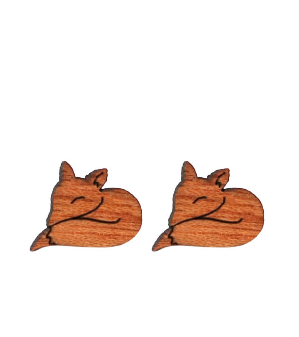 Wooden ear studs Sleeping fox